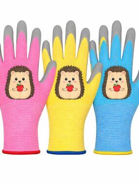 Paknada Kids Garden Gloves 3Pair Latex Coated Pink Yellow Blue Anti-Slip Cartoon